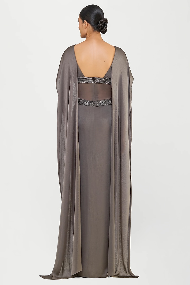 Pewter Twill & Sheer Stripe Fabric Wedding Gown by Amit Aggarwal at Pernia's Pop Up Shop