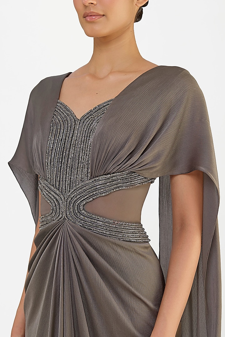 Pewter Twill & Sheer Stripe Fabric Wedding Gown by Amit Aggarwal at Pernia's Pop Up Shop