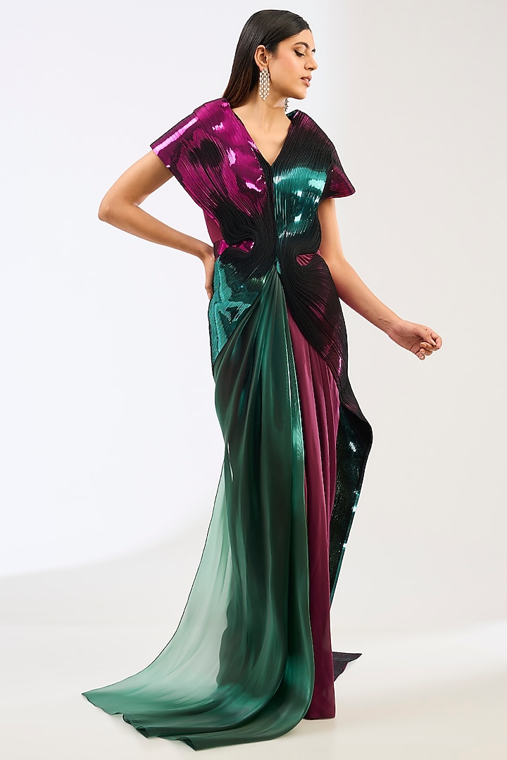 Plum & Emerald Metallic Polymer Wedding Gown by Amit Aggarwal at Pernia's Pop Up Shop
