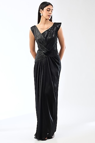 Onyx Black Satin Chiffon Gown by Amit Aggarwal
