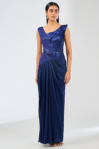 Cosmos Blue Satin Chiffon Gown by Amit Aggarwal