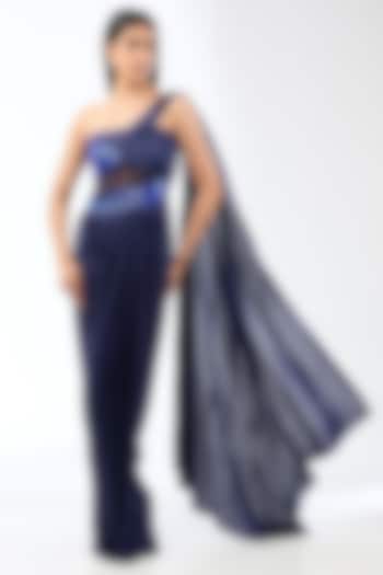 Cosmos Blue Nylon Jersey Maxi Dress With Drape by Amit Aggarwal at Pernia's Pop Up Shop