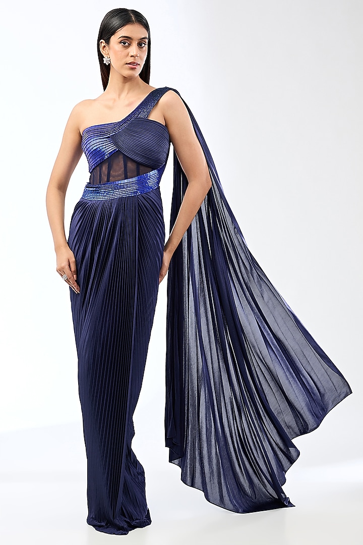 Cosmos Blue Nylon Jersey Maxi Dress With Drape by Amit Aggarwal at Pernia's Pop Up Shop