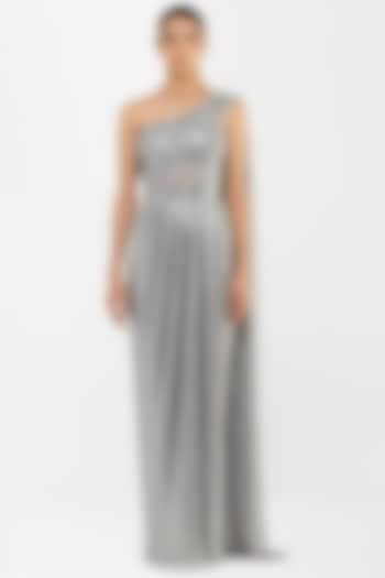 Steel Grey Nylon Jersey Maxi Party Wear Dress by Amit Aggarwal at Pernia's Pop Up Shop