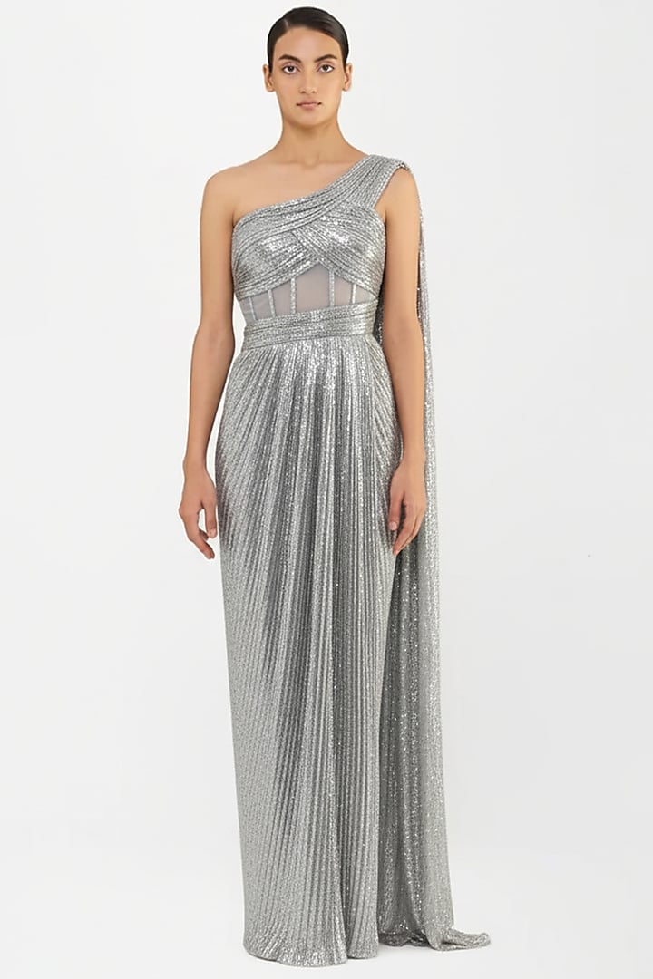 Steel Grey Nylon Jersey Maxi Party Wear Dress by Amit Aggarwal at Pernia's Pop Up Shop