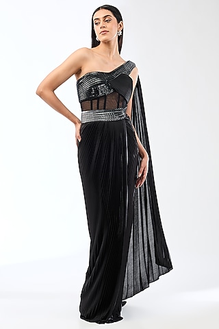 Onyx Black Nylon Jersey Maxi Dress With Drape by Amit Aggarwal