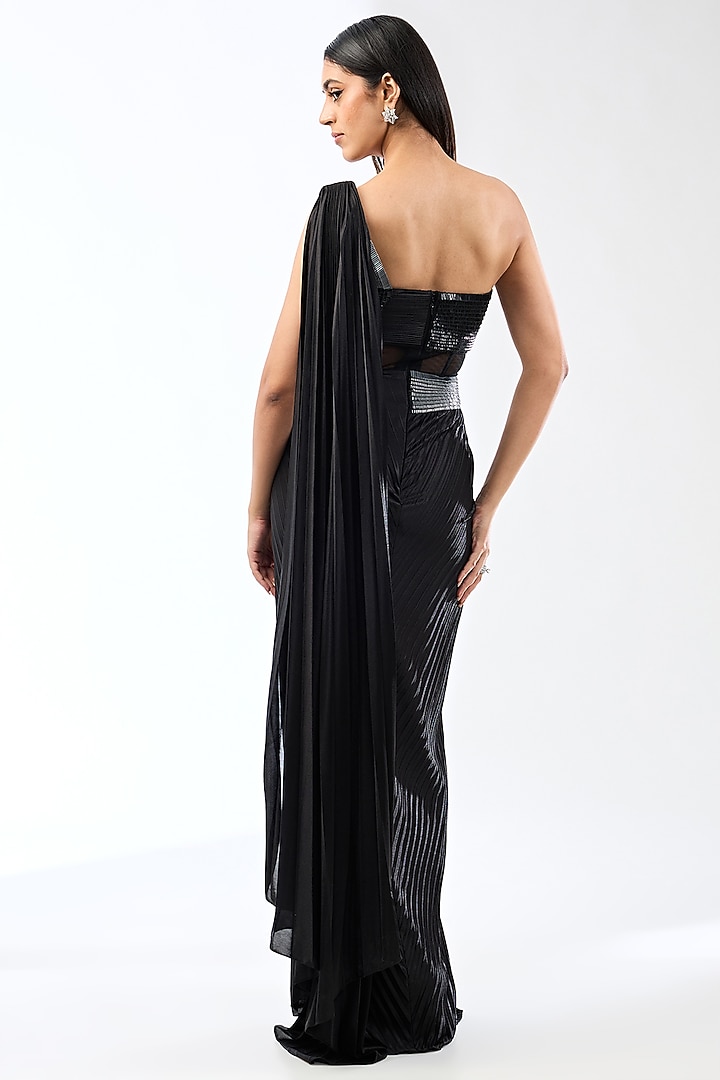 Onyx Black Nylon Jersey Maxi Dress With Drape by Amit Aggarwal at Pernia's Pop Up Shop