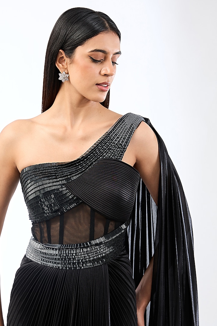 Onyx Black Nylon Jersey Maxi Dress With Drape by Amit Aggarwal at Pernia's Pop Up Shop