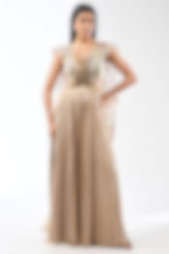 Sand Nylon Jersey Wedding Gown by Amit Aggarwal at Pernia's Pop Up Shop