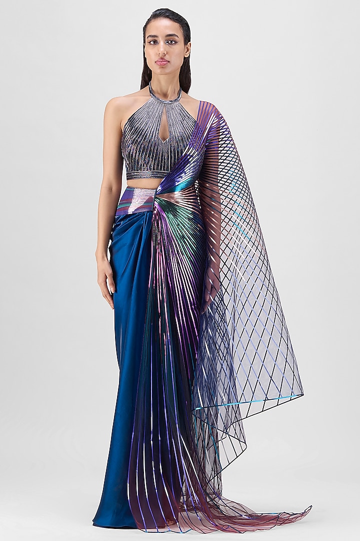 Multi-Colored Metallic Glazed Organza Winged Reception Saree Set by Amit Aggarwal at Pernia's Pop Up Shop