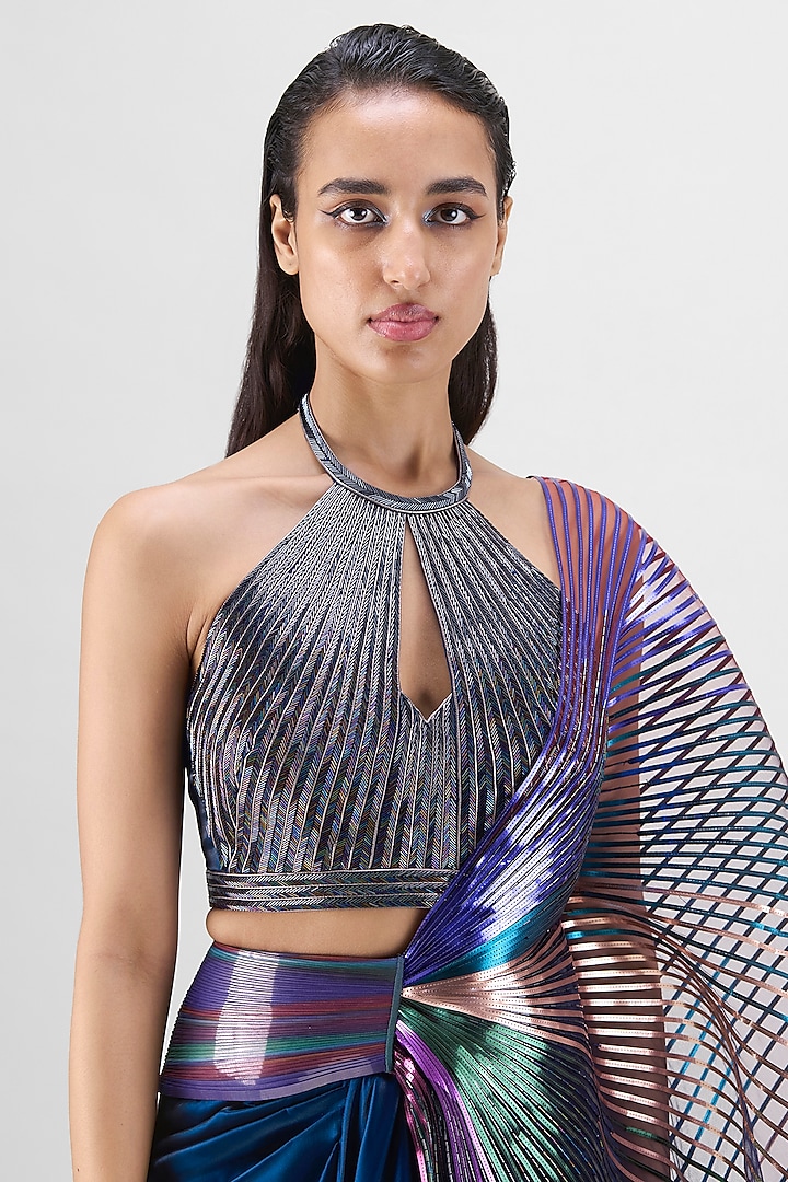 Multi-Colored Metallic Glazed Organza Winged Bridal Saree Set by Amit Aggarwal at Pernia's Pop Up Shop