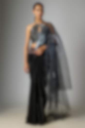 Onyx Black Glazed Organza Winged Bridal Saree Set by Amit Aggarwal at Pernia's Pop Up Shop