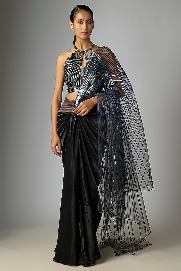 Onyx Black Glazed Organza Winged Bridal Saree Set by Amit Aggarwal at Pernia's Pop Up Shop