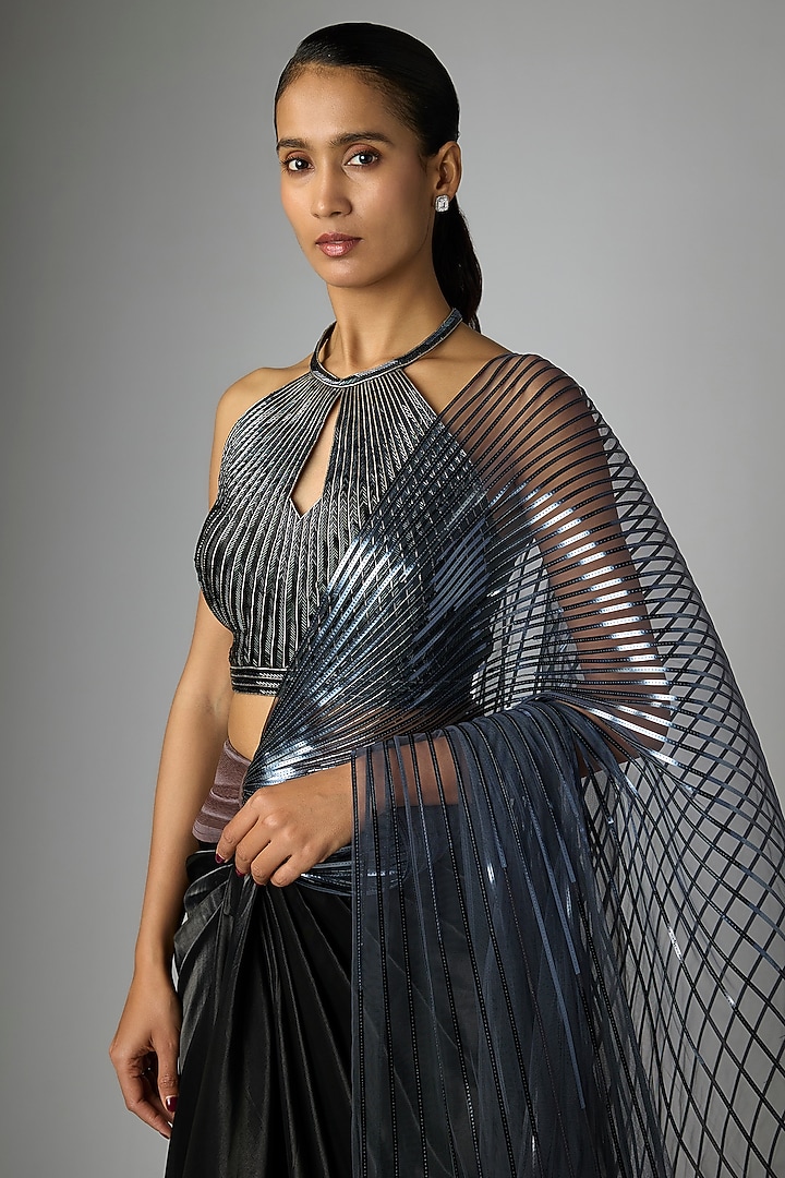Onyx Black Glazed Organza Winged Bridal Saree Set by Amit Aggarwal at Pernia's Pop Up Shop