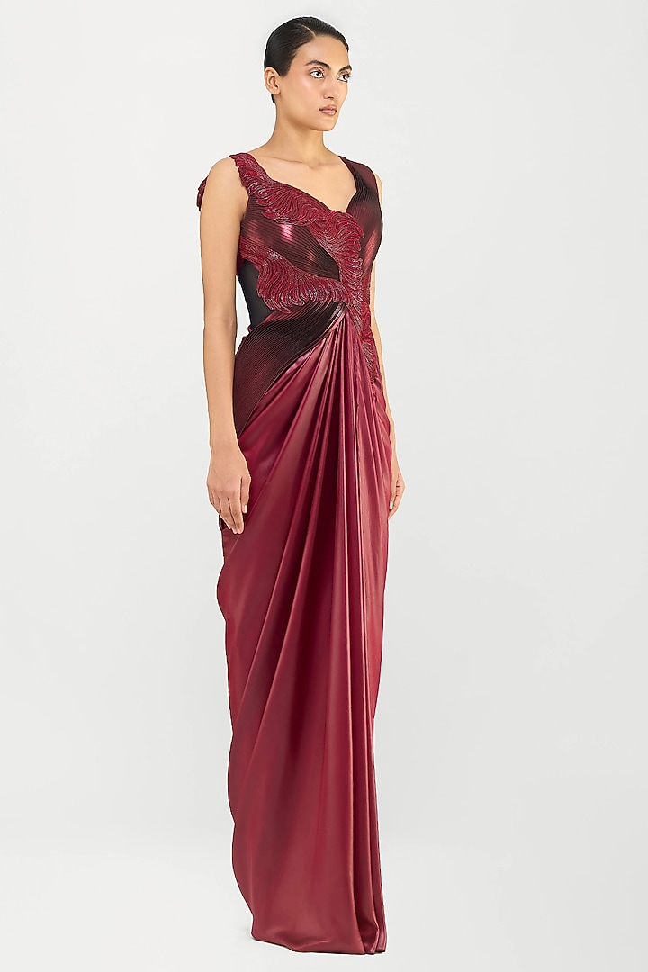 Oxblood Red Velvet Chiffon & Mineral Jersey Draped Bridal Gown by Amit Aggarwal at Pernia's Pop Up Shop