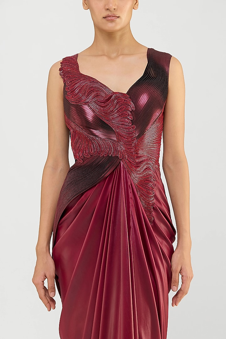 Oxblood Red Velvet Chiffon & Mineral Jersey Draped Bridal Gown by Amit Aggarwal at Pernia's Pop Up Shop