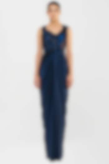 Cosmos Blue Jersey & Velvet Chiffon Structured Draped Bridal Gown by Amit Aggarwal at Pernia's Pop Up Shop