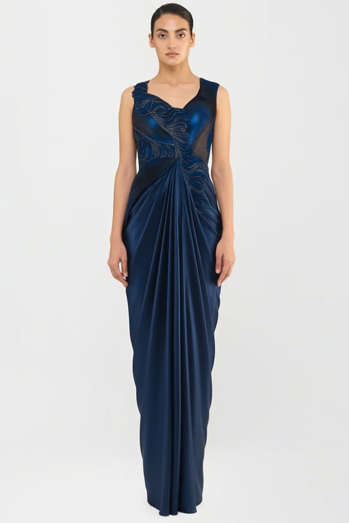 Cosmos Blue Jersey & Velvet Chiffon Structured Draped Bridal Gown by Amit Aggarwal at Pernia's Pop Up Shop