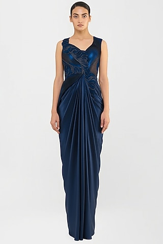 Cosmos Blue Jersey & Velvet Chiffon Structured Draped Gown by Amit Aggarwal