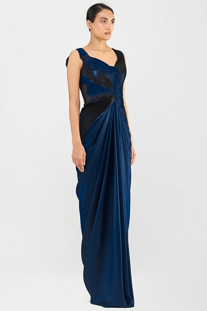 Cosmos Blue Jersey & Velvet Chiffon Structured Draped Bridal Gown by Amit Aggarwal at Pernia's Pop Up Shop