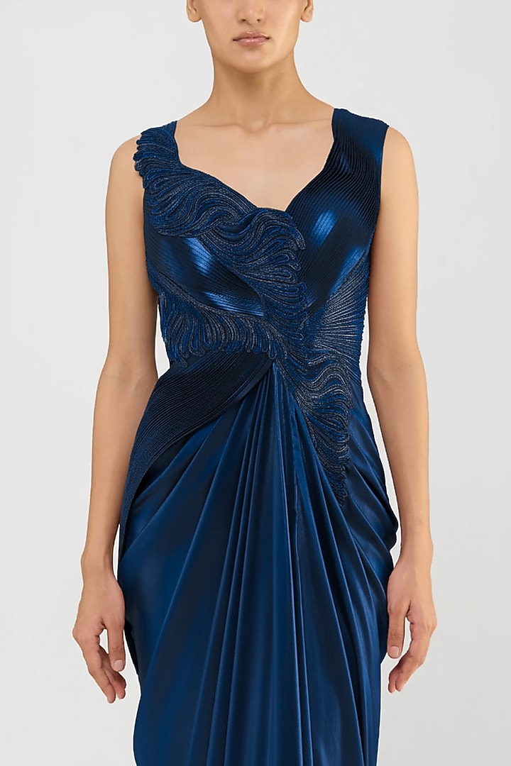 Cosmos Blue Jersey & Velvet Chiffon Structured Draped Bridal Gown by Amit Aggarwal at Pernia's Pop Up Shop