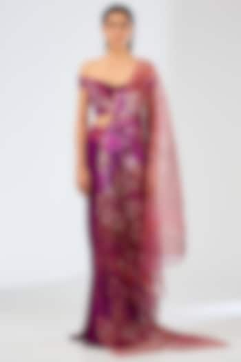 Bloom-Colored Satin Chiffon Bridal Saree Set by Amit Aggarwal at Pernia's Pop Up Shop