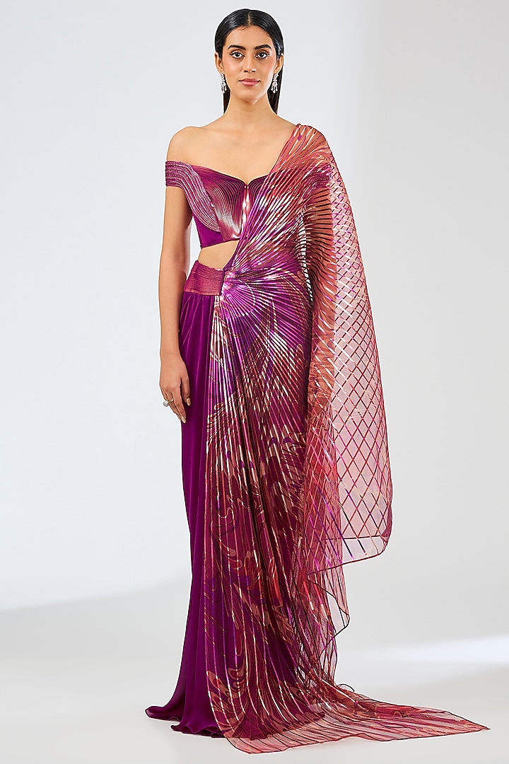 Bloom-Colored Satin Chiffon Bridal Saree Set by Amit Aggarwal at Pernia's Pop Up Shop