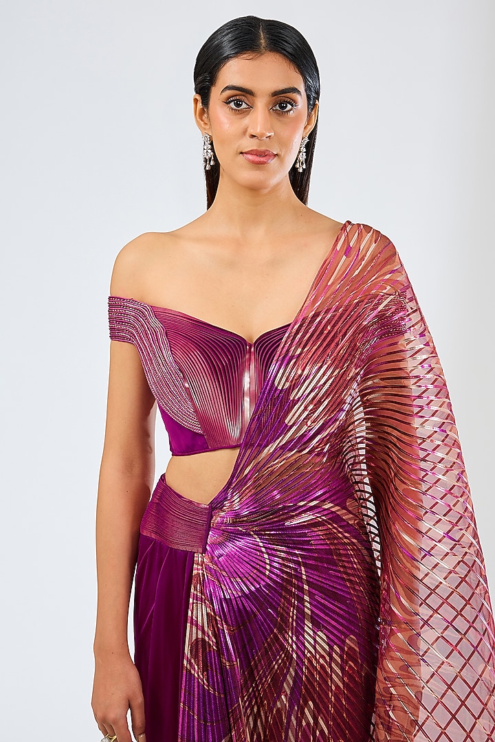 Bloom-Colored Satin Chiffon Bridal Saree Set by Amit Aggarwal at Pernia's Pop Up Shop