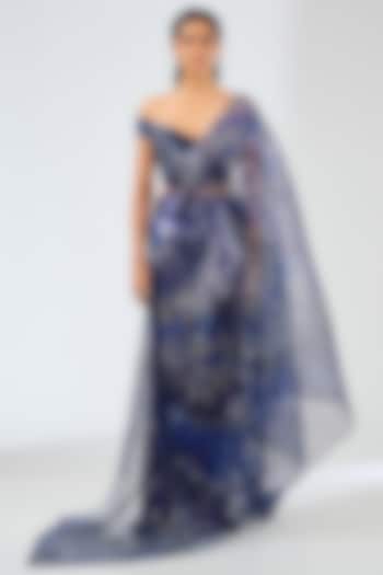 Cosmos Blue Satin Chiffon Bridal Saree Set by Amit Aggarwal at Pernia's Pop Up Shop