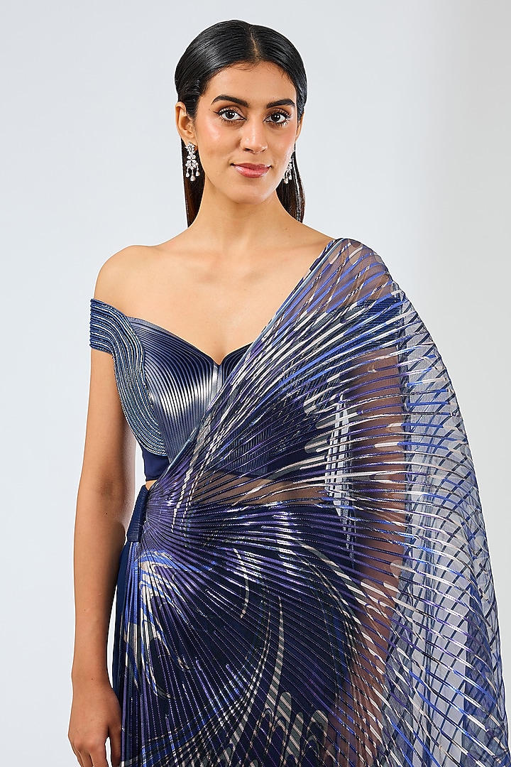 Cosmos Blue Satin Chiffon Bridal Saree Set by Amit Aggarwal at Pernia's Pop Up Shop