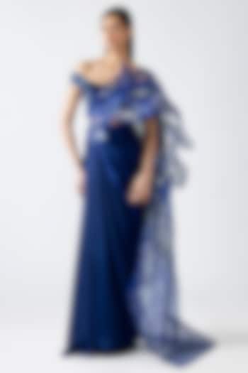 Cosmos Blue Satin Chiffon Draped Skirt Bridal Saree Set by Amit Aggarwal at Pernia's Pop Up Shop