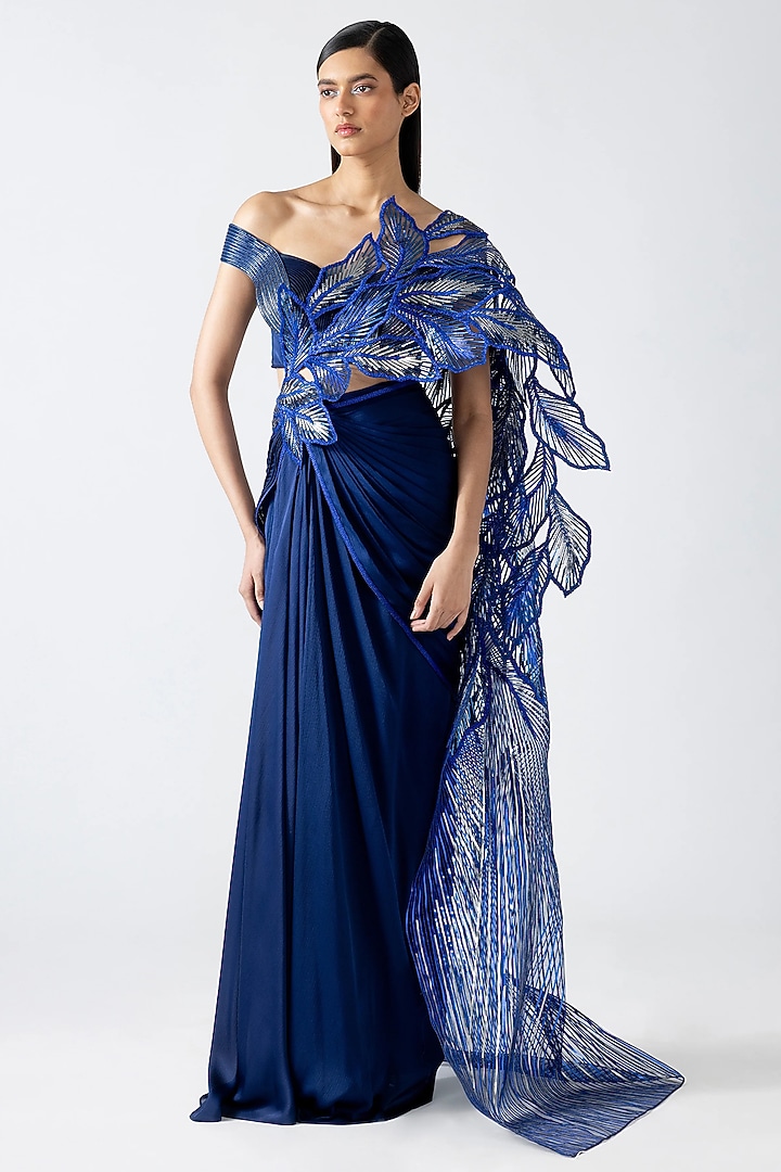 Cosmos Blue Satin Chiffon Draped Skirt Bridal Saree Set by Amit Aggarwal at Pernia's Pop Up Shop