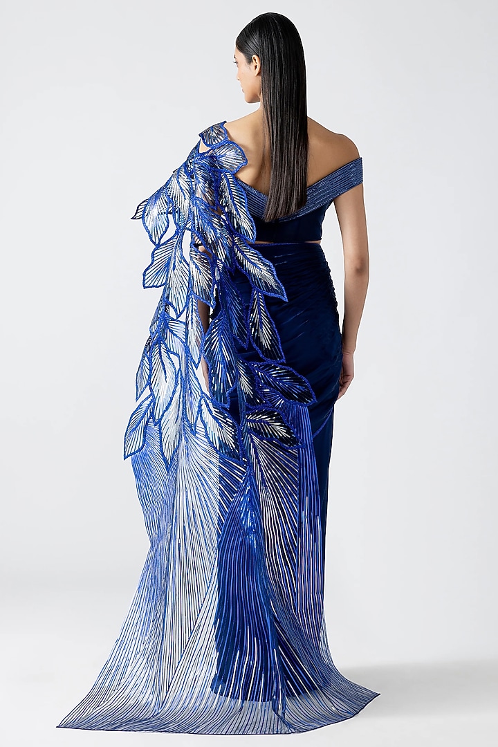 Cosmos Blue Satin Chiffon Draped Skirt Bridal Saree Set by Amit Aggarwal at Pernia's Pop Up Shop