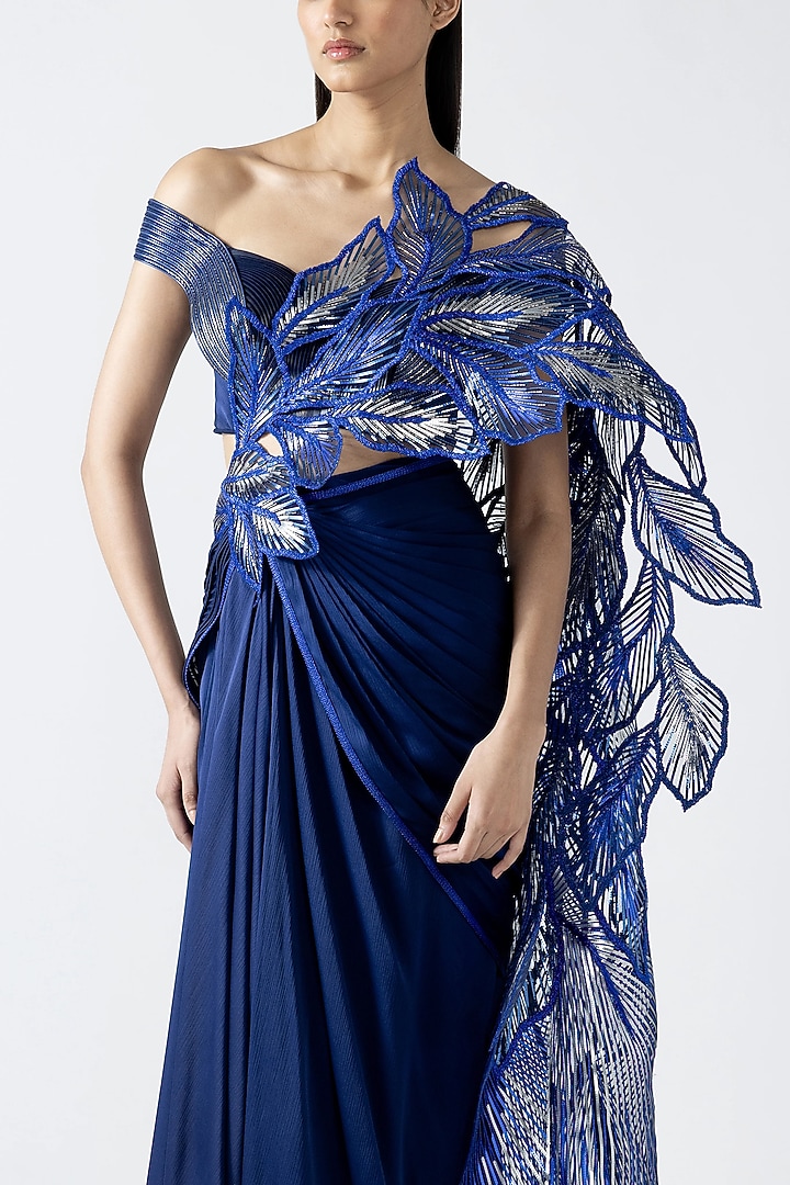 Cosmos Blue Satin Chiffon Draped Skirt Bridal Saree Set by Amit Aggarwal at Pernia's Pop Up Shop