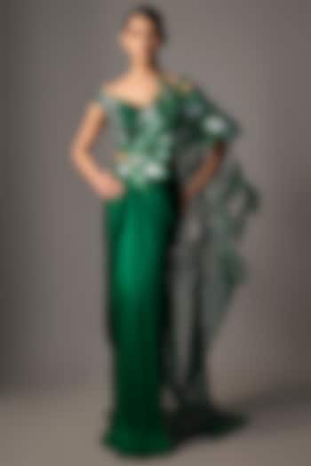 Emerald Satin Chiffon Bridal Saree Set by Amit Aggarwal at Pernia's Pop Up Shop