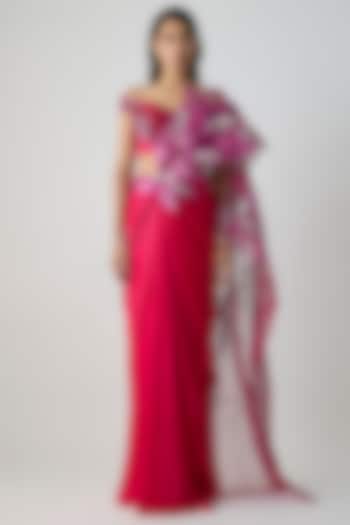 Bloom-Colored Satin Chiffon Draped Skirt Bridal Saree Set by Amit Aggarwal at Pernia's Pop Up Shop