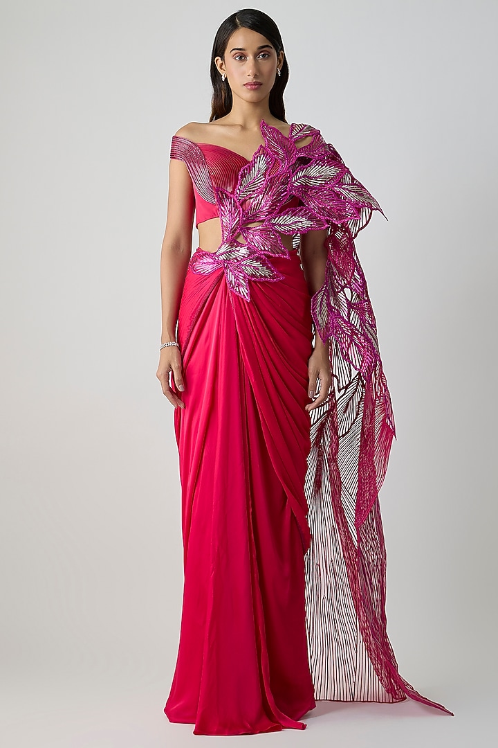 Bloom-Colored Satin Chiffon Draped Skirt Bridal Saree Set by Amit Aggarwal at Pernia's Pop Up Shop