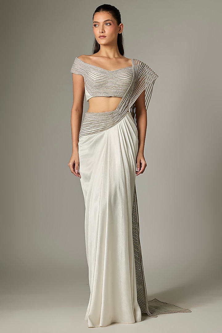Pearl White Chiffon Draped Bridal Saree Set by Amit Aggarwal at Pernia's Pop Up Shop