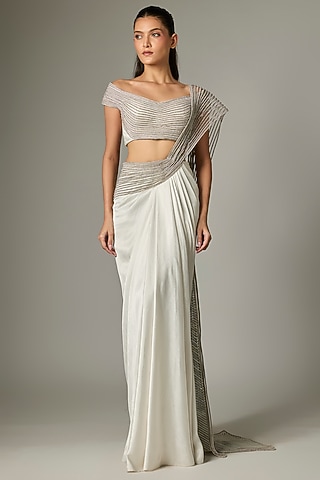 Pearl White Chiffon Draped Saree Set by Amit Aggarwal