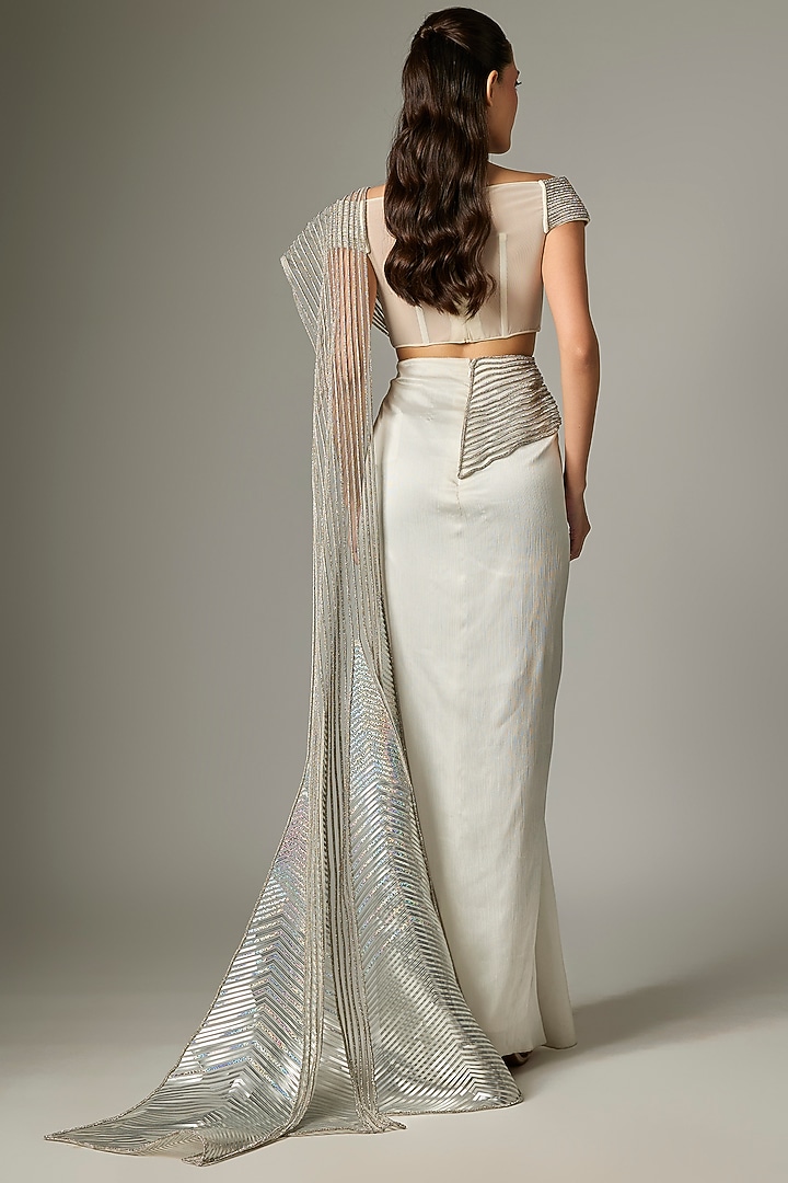 Pearl White Chiffon Draped Bridal Saree Set by Amit Aggarwal at Pernia's Pop Up Shop