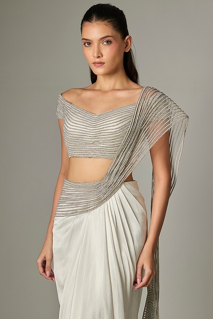 Pearl White Chiffon Draped Bridal Saree Set by Amit Aggarwal at Pernia's Pop Up Shop