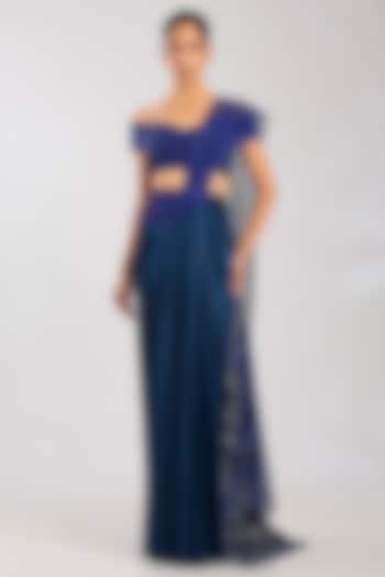 Abys Blue Heavy Satin Chiffon Bridal Saree Set by Amit Aggarwal at Pernia's Pop Up Shop