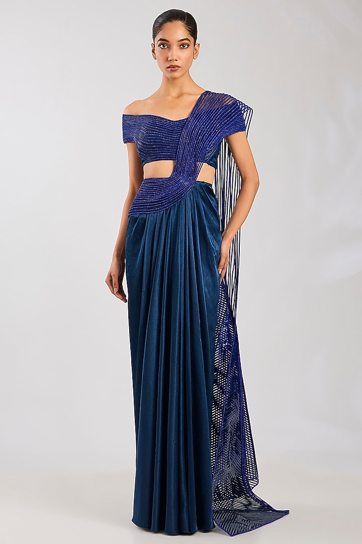 Abys Blue Heavy Satin Chiffon Bridal Saree Set by Amit Aggarwal at Pernia's Pop Up Shop
