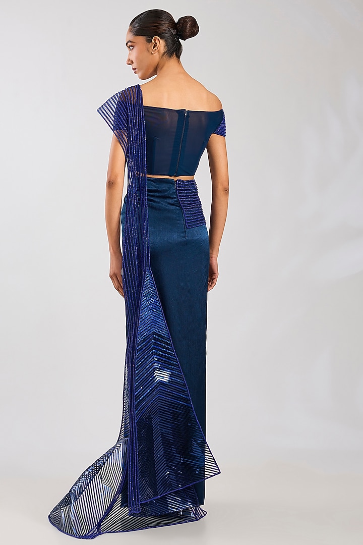 Abys Blue Heavy Satin Chiffon Bridal Saree Set by Amit Aggarwal at Pernia's Pop Up Shop