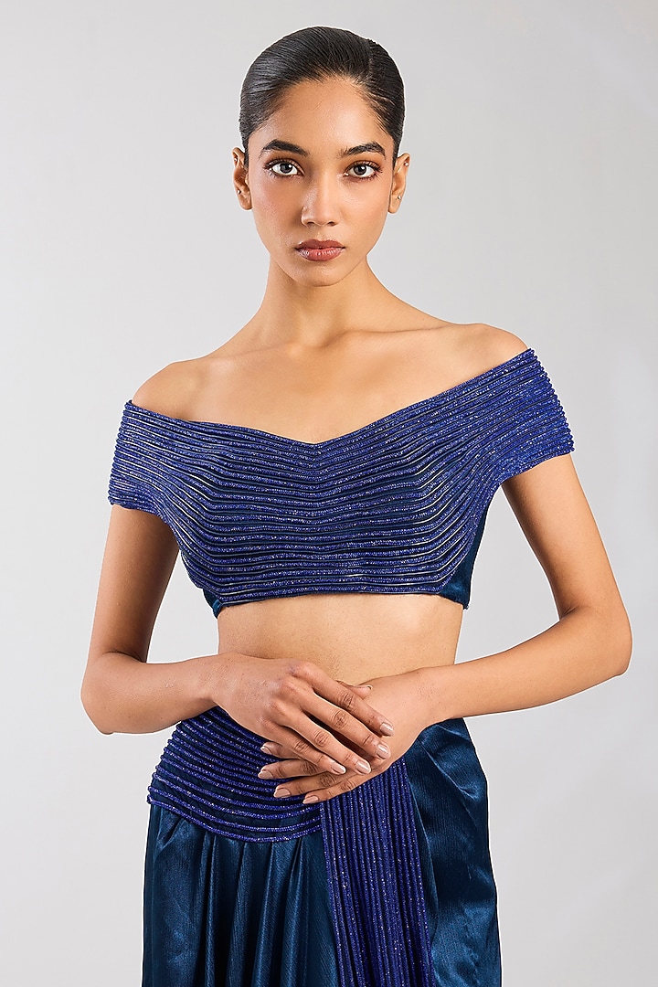 Abys Blue Heavy Satin Chiffon Bridal Saree Set by Amit Aggarwal at Pernia's Pop Up Shop