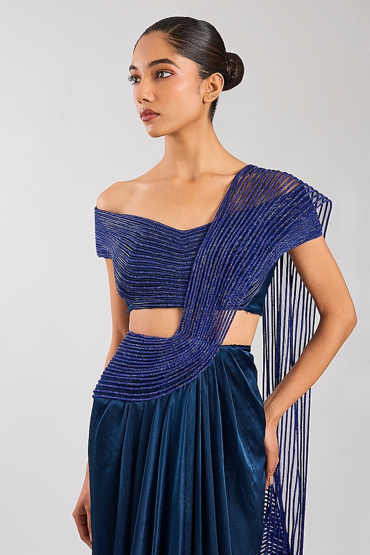 Abys Blue Heavy Satin Chiffon Bridal Saree Set by Amit Aggarwal at Pernia's Pop Up Shop