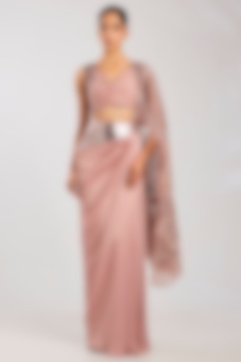 Rose Satin Chiffon Skirt Bridal Saree Set by Amit Aggarwal at Pernia's Pop Up Shop