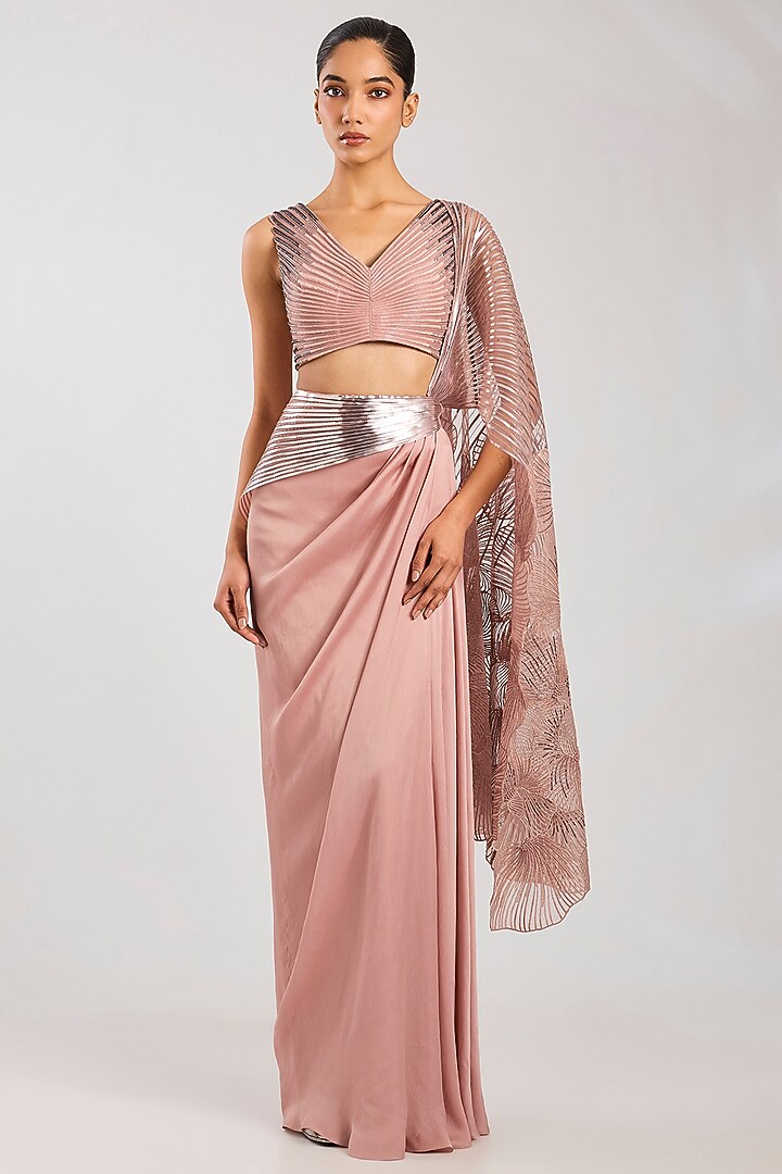 Rose Satin Chiffon Skirt Bridal Saree Set by Amit Aggarwal at Pernia's Pop Up Shop