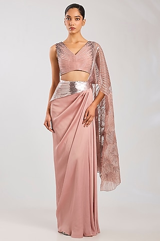 Rose Satin Chiffon Skirt Saree Set by Amit Aggarwal
