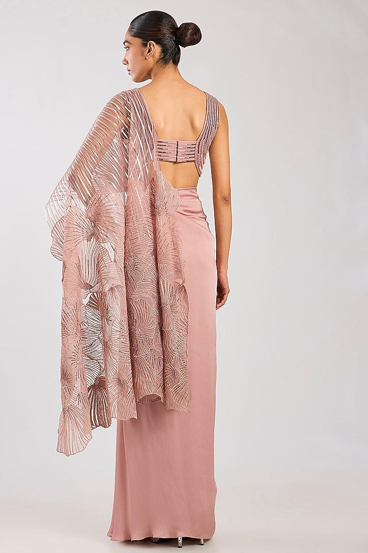 Rose Satin Chiffon Skirt Bridal Saree Set by Amit Aggarwal at Pernia's Pop Up Shop